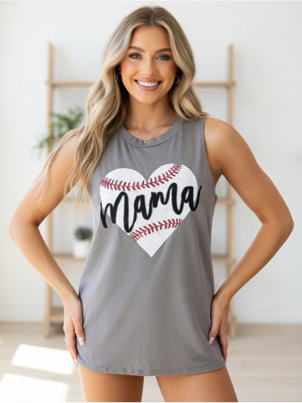 Mama Baseball Heart Graphic Tank - Gray Sleeveless Top